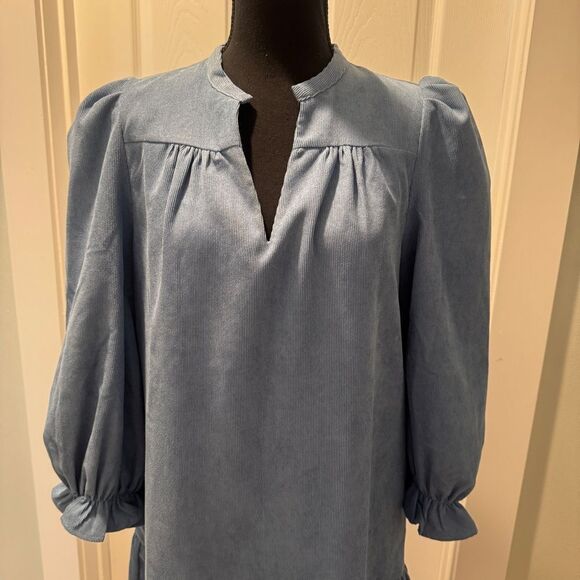Joy Joy Blue Corduroy mini flounce dress w long puffy sleeves and a drop waist-S - Picture 2 of 15